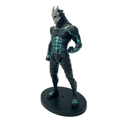 Black and teal kaiju no 8 kafka hibino pvc statue in monster form standing on a circular black base