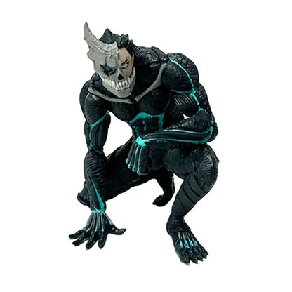 Black and teal armored pvc statue of kafka hibino monster form with skull-faced mask sculpted muscles and claws 21cm tall