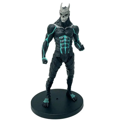 Black and teal armored action figure with skull mask standing on base kaiju no 8 kafka hibino pvc statue monster form