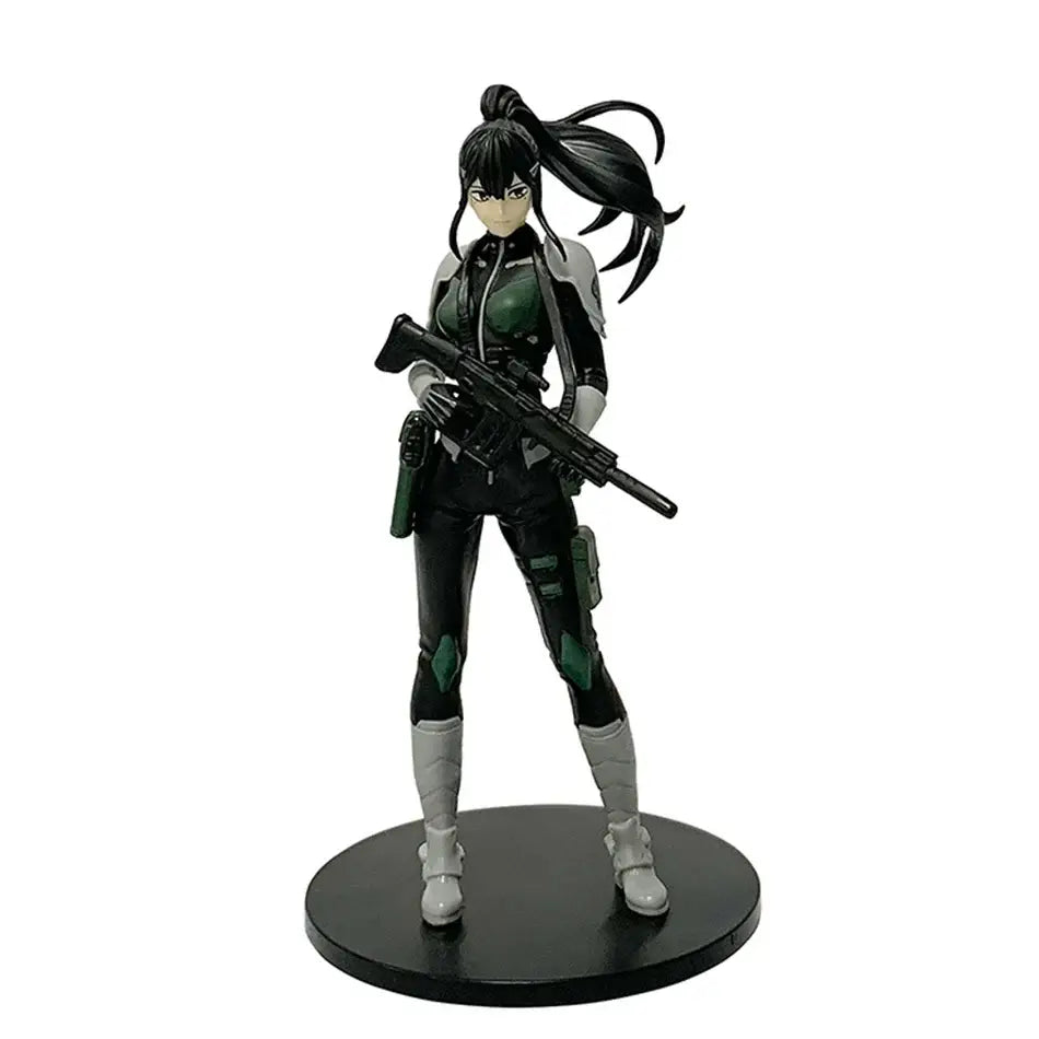 Black and green anime action figure pvc statue of kafka hibino in monster form holding assault rifle on black base