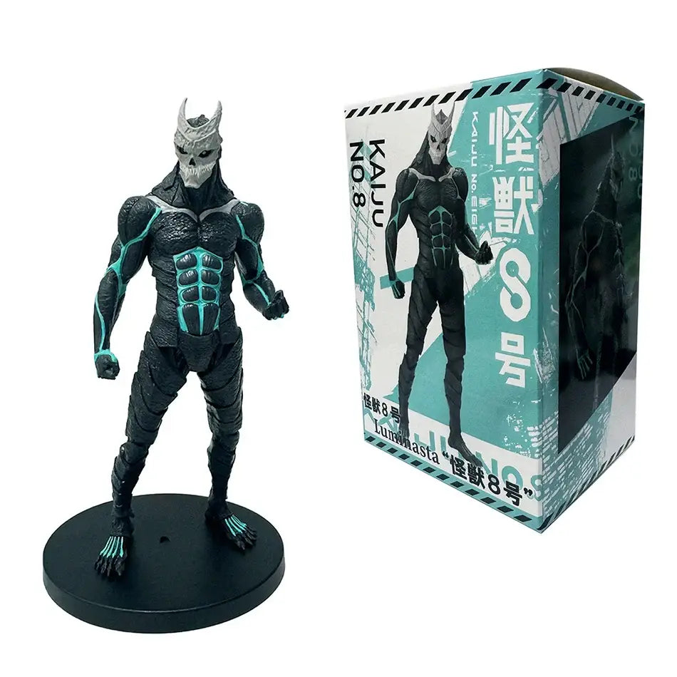 Black and teal armored kafka hibino pvc statue in monster form standing on a circular base for collectible display