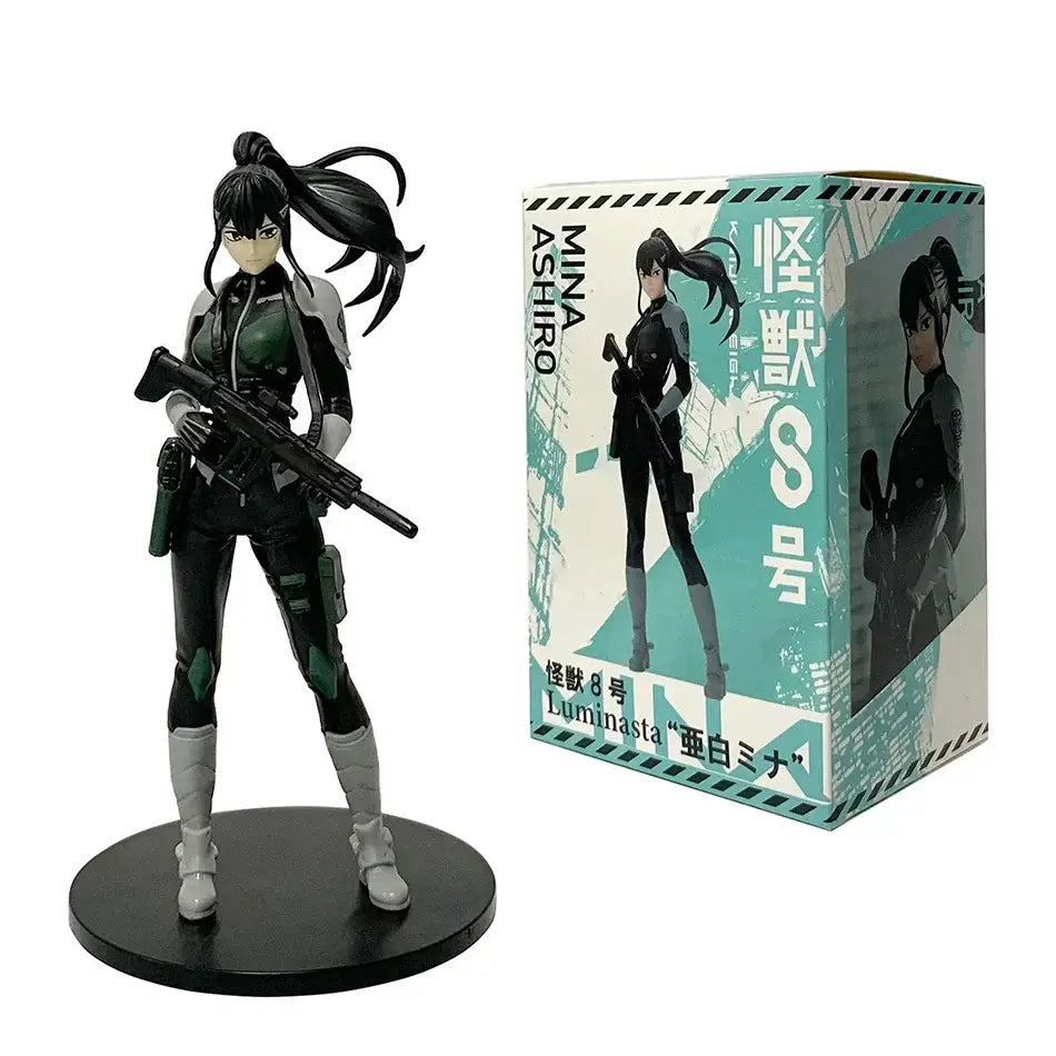 Kaiju no 8 kafka hibino pvc statue in monster form with black and green tactical outfit and long black ponytail standing on base