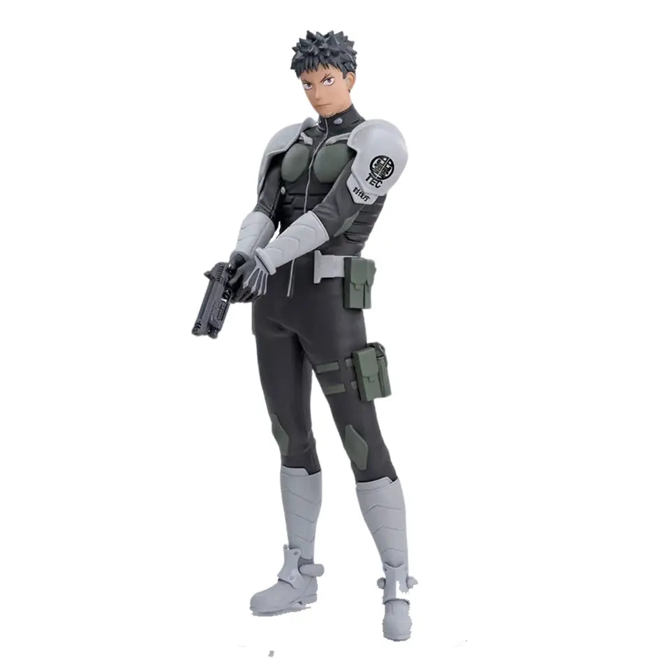 Gray and white armored kafka hibino pvc statue with green tactical details and tec patch in skeleton design