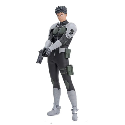 Gray and white armored kafka hibino pvc statue with green tactical details and tec patch in skeleton design