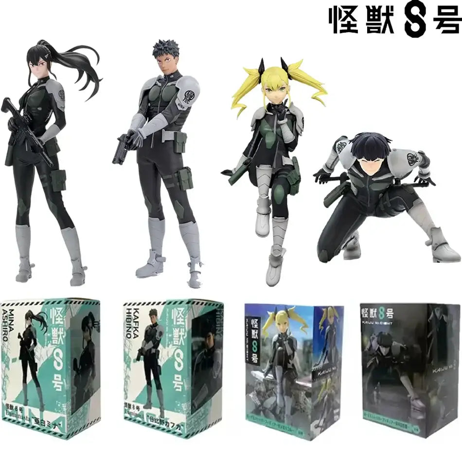 Black and gray tactical figure set featuring four anime characters with detailed armor in kafka hibino pvc skeleton design