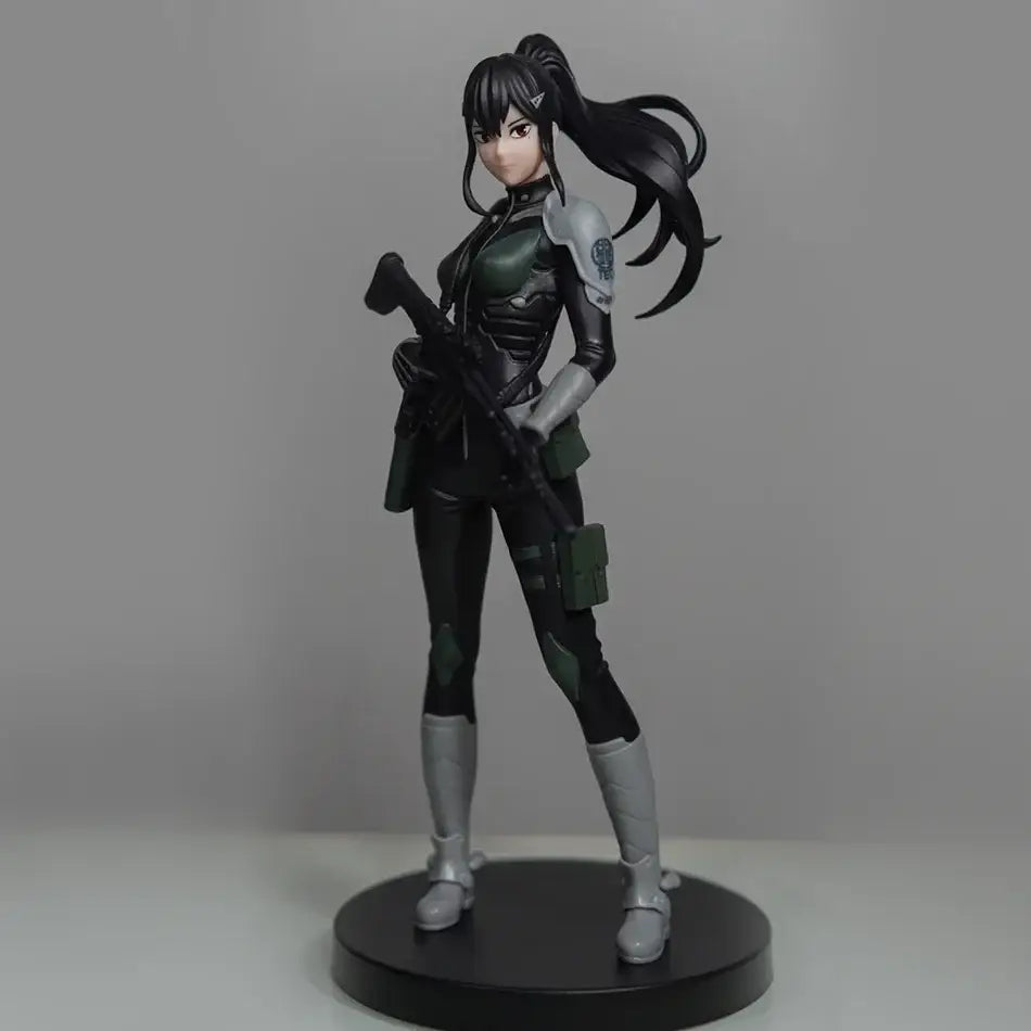 Kaiju no 8 kafka hibino pvc statue with skeleton design featuring black and green armor and long black ponytail hair