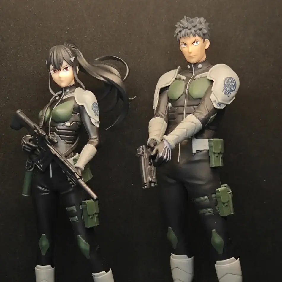Black and green kafka hibino pvc statue with skeleton design featuring detailed armor plating and weapon accessories