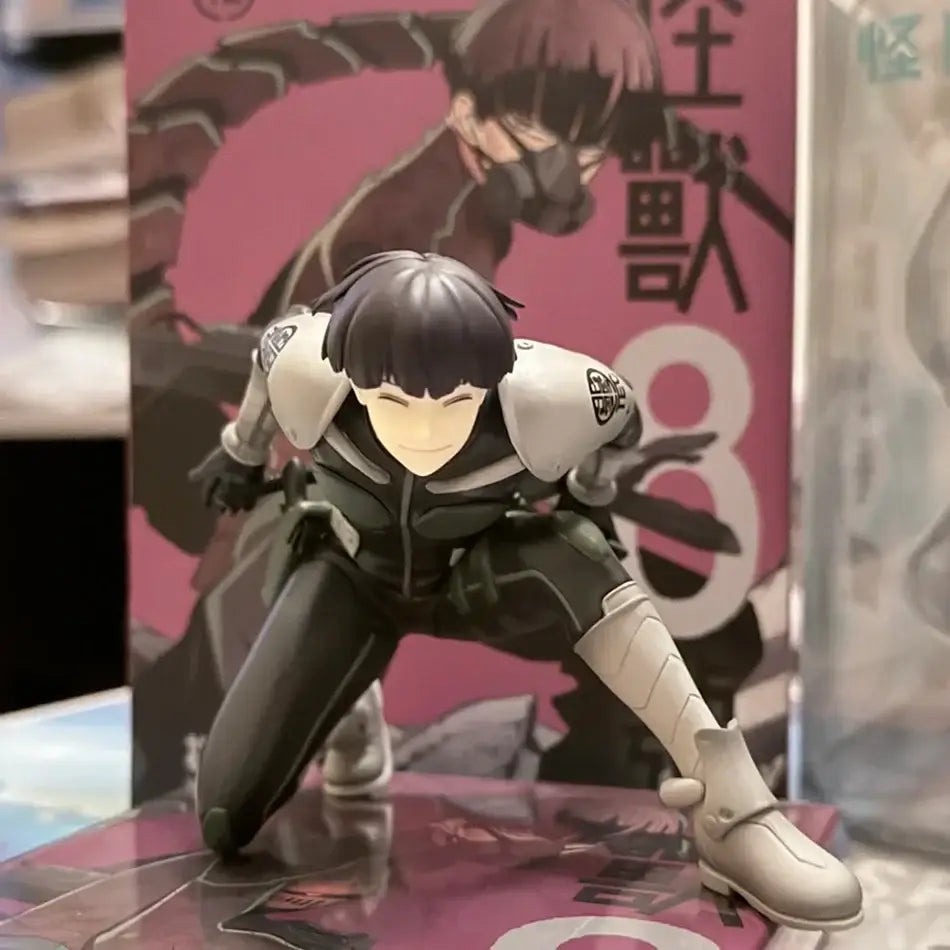 Black and white kafka hibino pvc statue in skeleton design crouching pose with detailed silver tactical gear