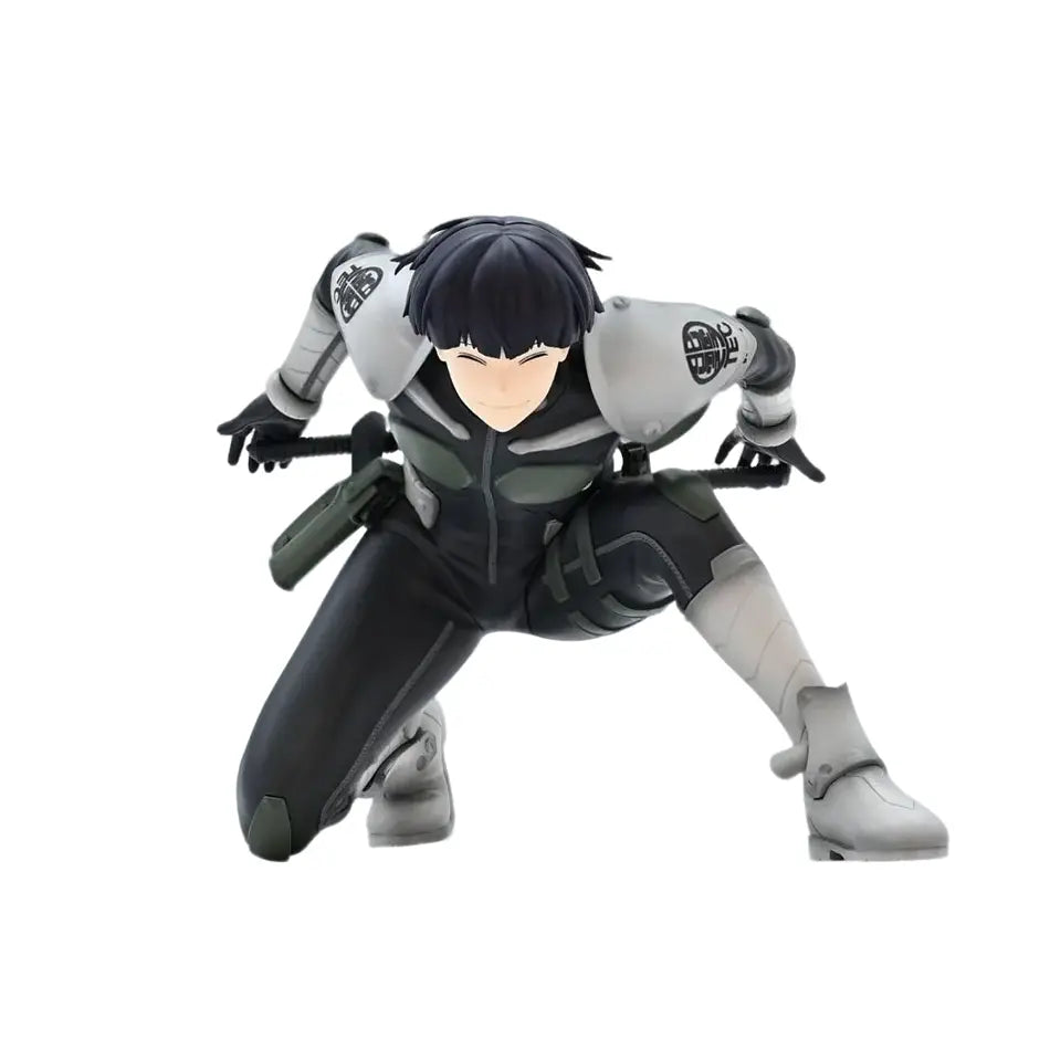 Black-haired kafka hibino pvc statue in skeleton design featuring gray and black tactical gear in dynamic crouch pose