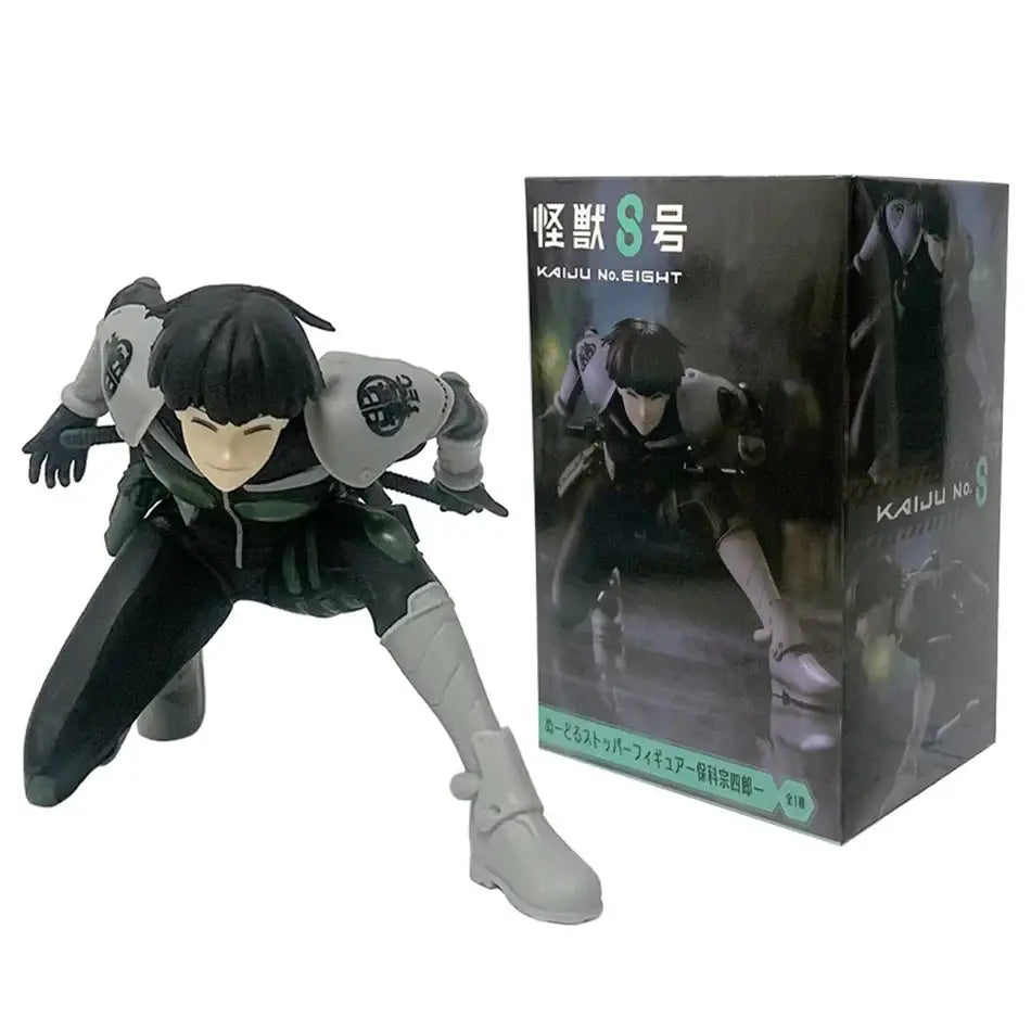 Black and gray kafka hibino pvc statue crouching in tactical gear with skeleton design and white armor accents