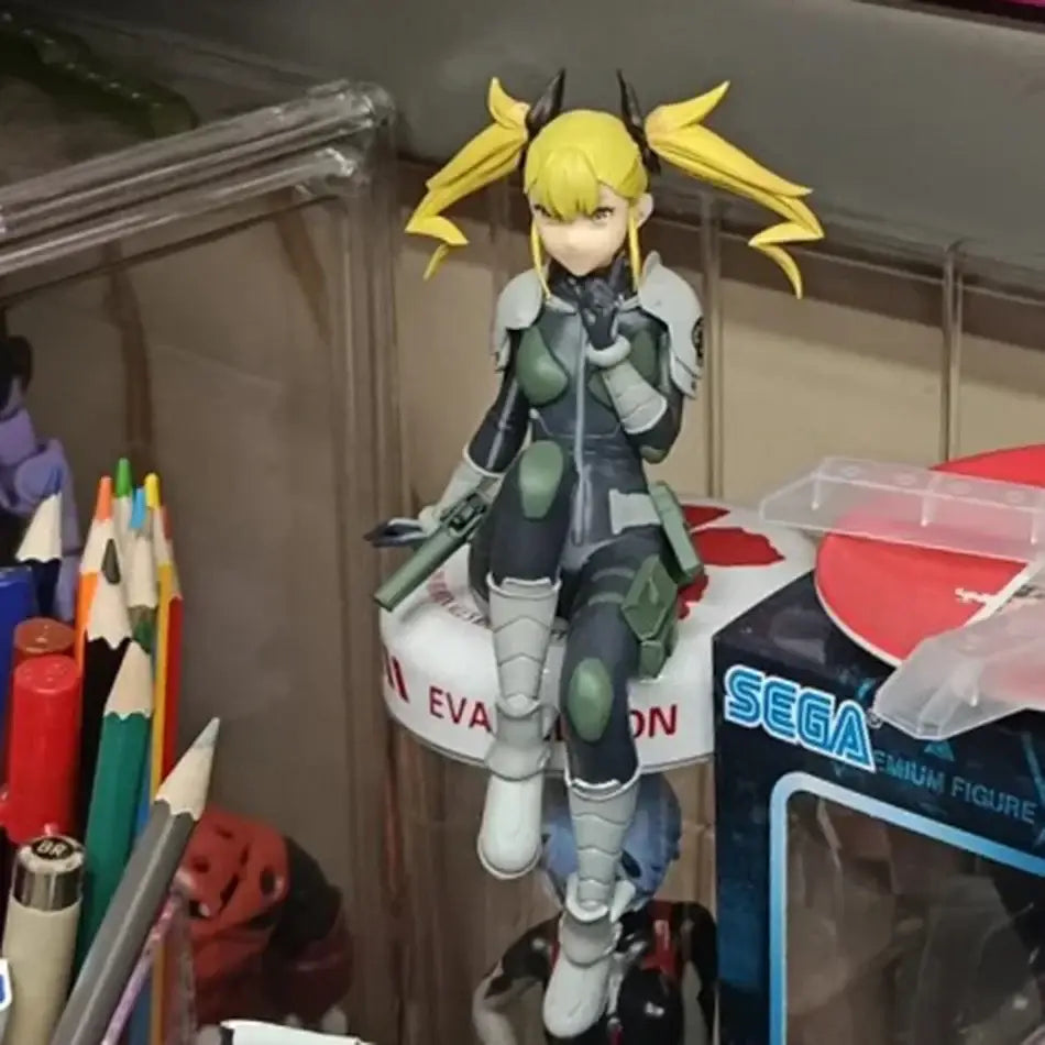 Yellow-haired kafka hibino pvc statue in green and gray tactical suit with skeleton design seated on circular base