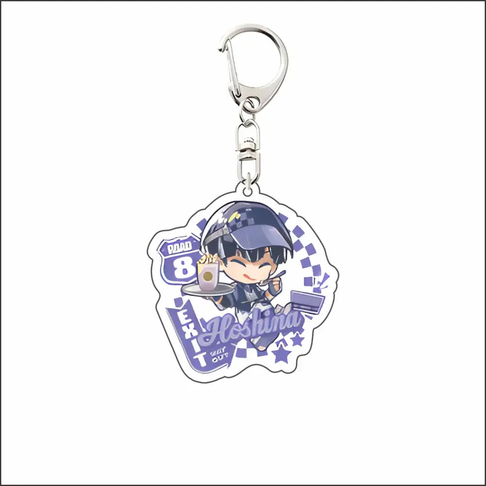 Purple and white acrylic keychain featuring chibi mina acrylic keyring in police uniform holding food tray with road 8 exit sign
