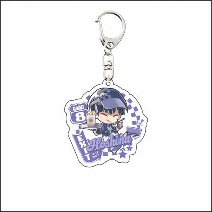 Purple and white acrylic keychain featuring chibi mina acrylic keyring in police uniform holding food tray with road 8 exit sign