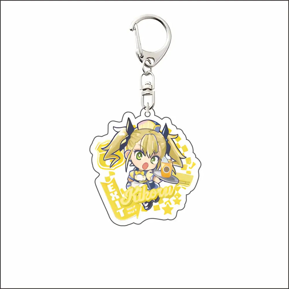 Yellow and white mina acrylic keyring featuring a chibi blonde anime character with green eyes and blue horns in acrylic keyring