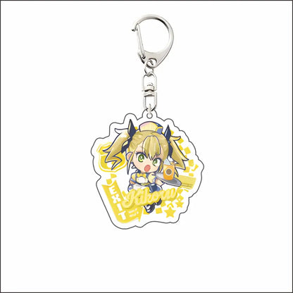 Yellow and white mina acrylic keyring featuring a chibi blonde anime character with green eyes and blue horns in acrylic keyring
