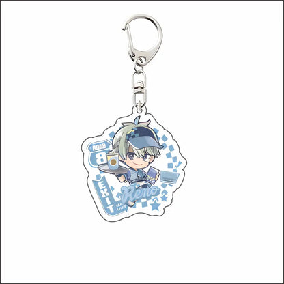Blue and white acrylic keyring featuring chibi mina acrylic character in cap holding coffee tray from kaiju no 8 collection