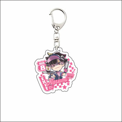 Pink and black acrylic mina acrylic keyring featuring a chibi cat ear character holding a tray with drinks, 6cm acrylic keyring
