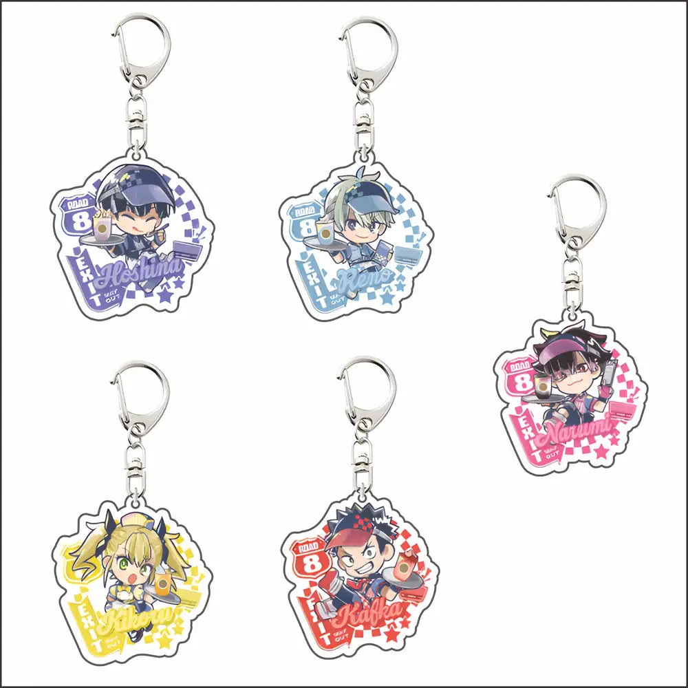 Set of five colorful acrylic keyrings featuring racing-themed kaiju no 8 mina acrylic keyring designs, 6cm size