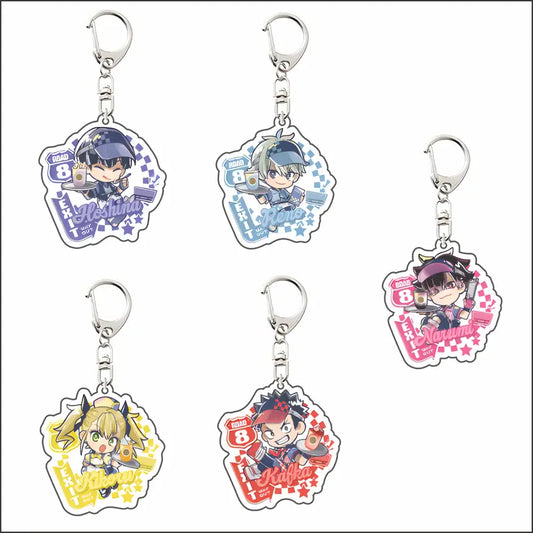 Set of five colorful acrylic keyrings featuring racing-themed kaiju no 8 mina acrylic keyring designs, 6cm size