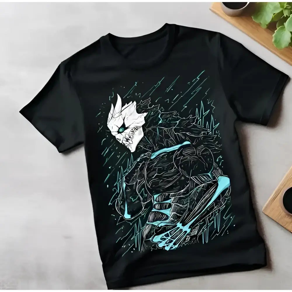 Black short-sleeved mina ashiro graphic tee featuring a skeletal figure with glowing teal accents and intricate linework