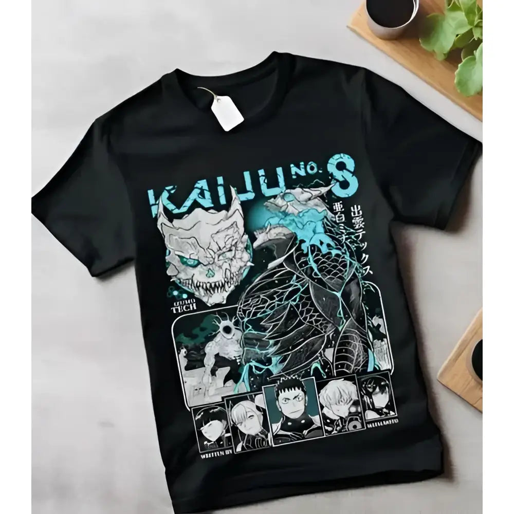 Black short-sleeved manga cotton t-shirt with teal and white mina shiro graphic print from kaiju no 8