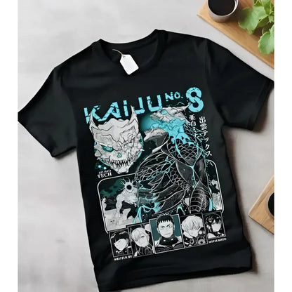 Black short-sleeved manga cotton t-shirt with teal and white mina shiro graphic print from kaiju no 8