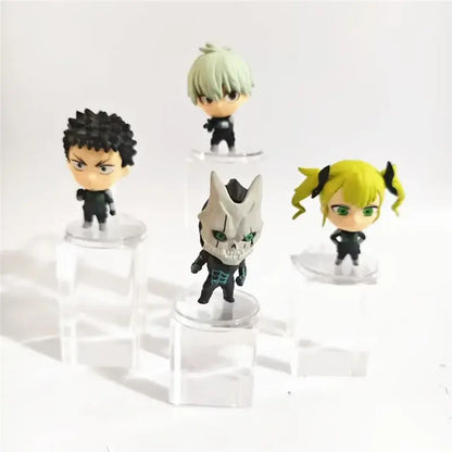 Kaiju no 8 mini figure set with chibi-style black outfit figurines featuring spiky hair green eyes and skull mask cute version