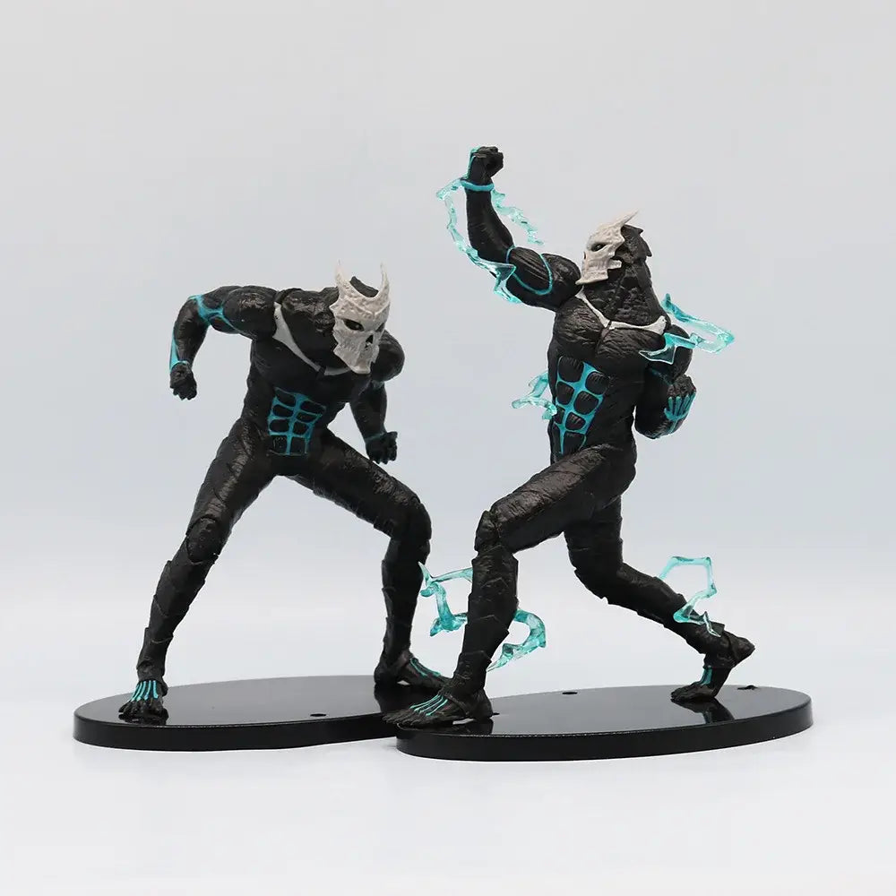 Black and teal kaiju no 8 monster action figure with white skull masks on black bases made of high-grade pvc statue