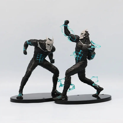 Black and teal kaiju no 8 monster action figure with white skull masks on black bases made of high-grade pvc statue
