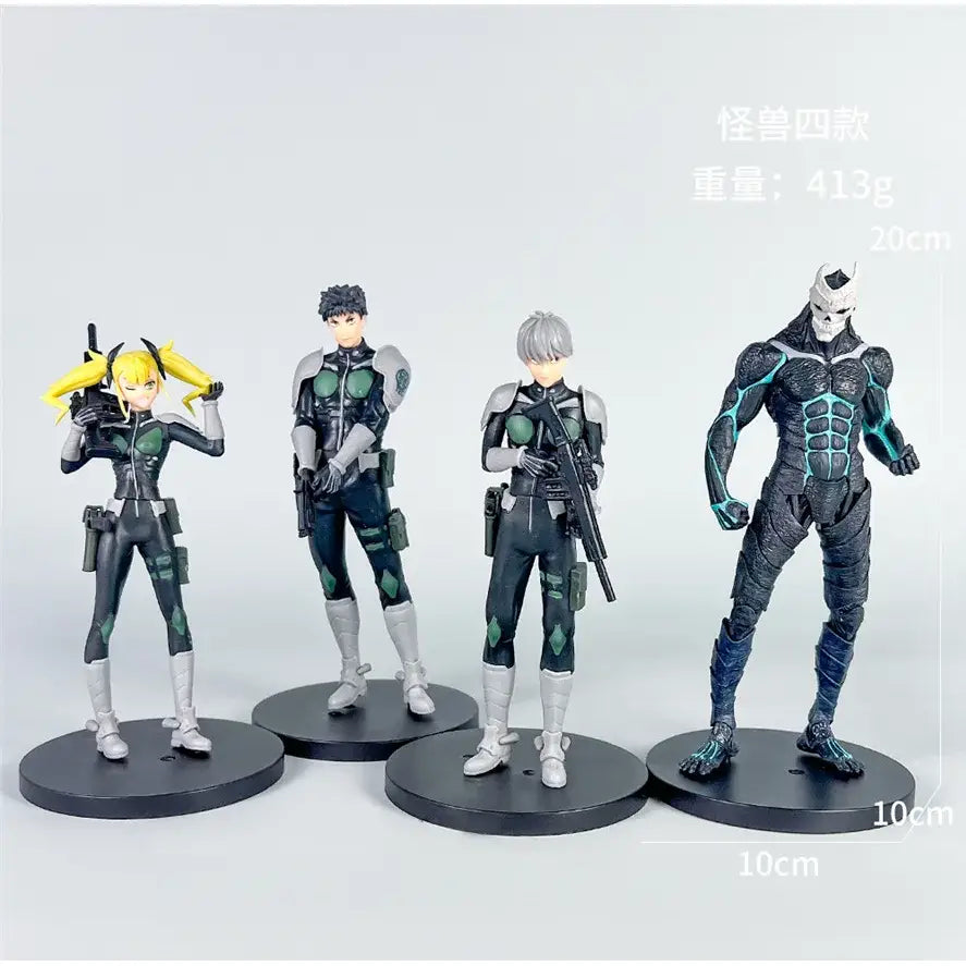 Four detailed kaiju no 8 monster action figures in black and green tactical suits with silver accents and yellow pigtails