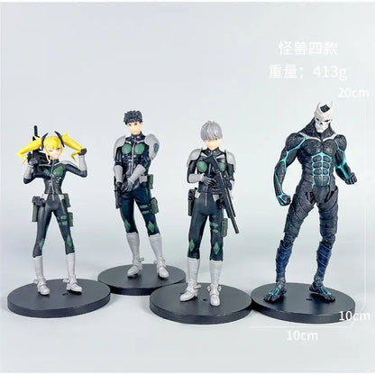 Four detailed kaiju no 8 monster action figures in black and green tactical suits with silver accents and yellow pigtails