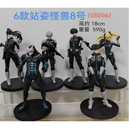 Six black and gray kaiju no 8 monster action figures with glowing blue accents on circular bases full-form pvc models