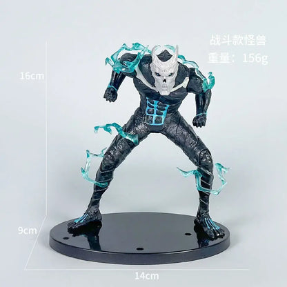 Black and white kaiju no 8 monster action figure with translucent teal energy tendrils on durable pvc base