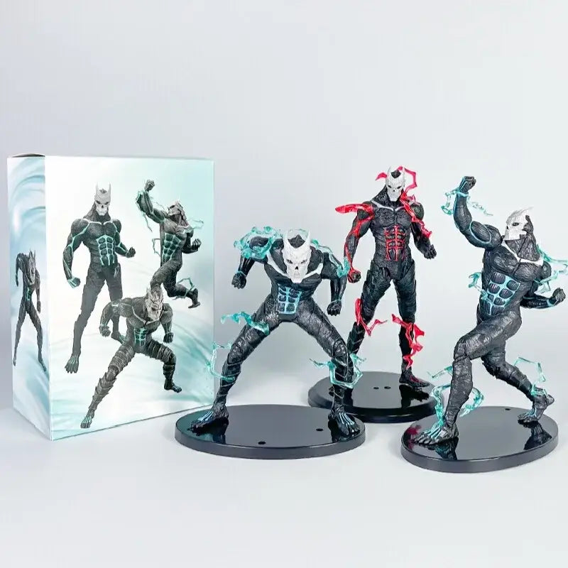 Kaiju No 8 monster action figure set featuring black and white durable PVC models with glowing energy effects on black bases