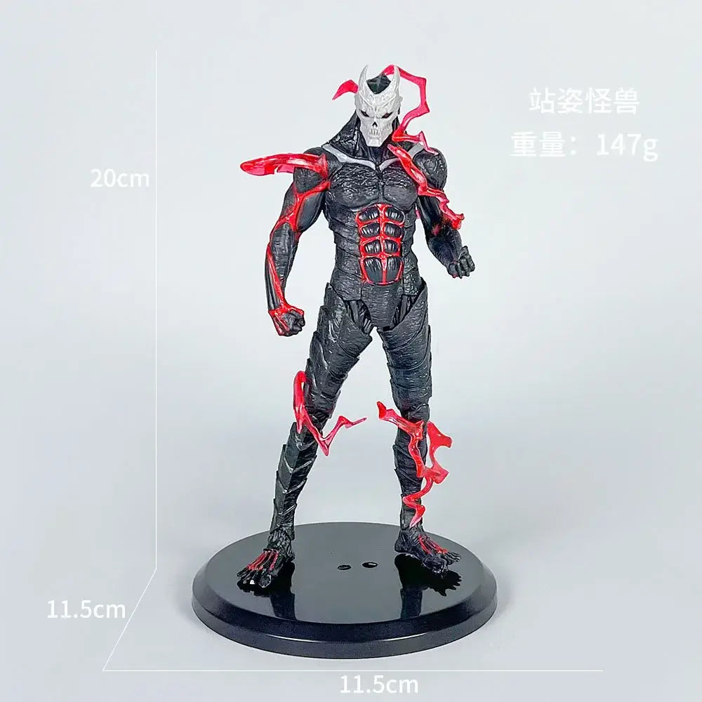 Kaiju no 8 monster action figure in black and red durable pvc with skull mask standing on a black circular base