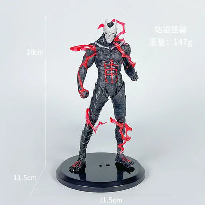 Kaiju no 8 monster action figure in black and red durable pvc with skull mask standing on a black circular base