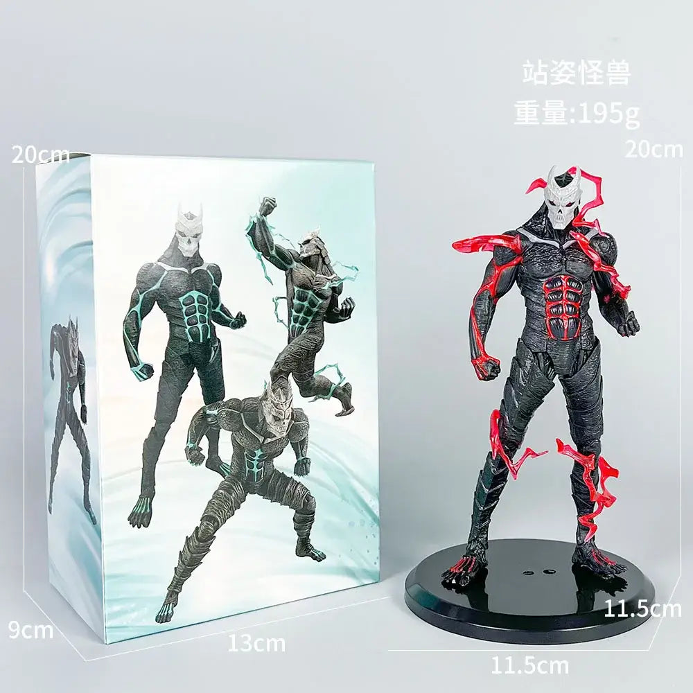 Black and red armored kaiju no 8 monster action figure with skull face on durable pvc black circular base