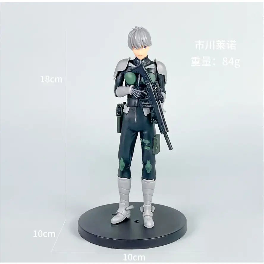 Kaiju no 8 monster action figure full-form pvc model 18cm black silver armored female character holding rifle on base