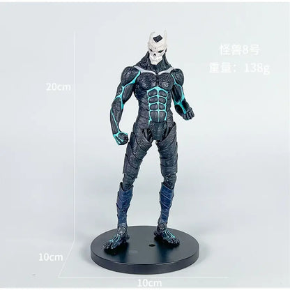 Kaiju no 8 monster action figure in black and teal armor with white skull mask on durable pvc circular base