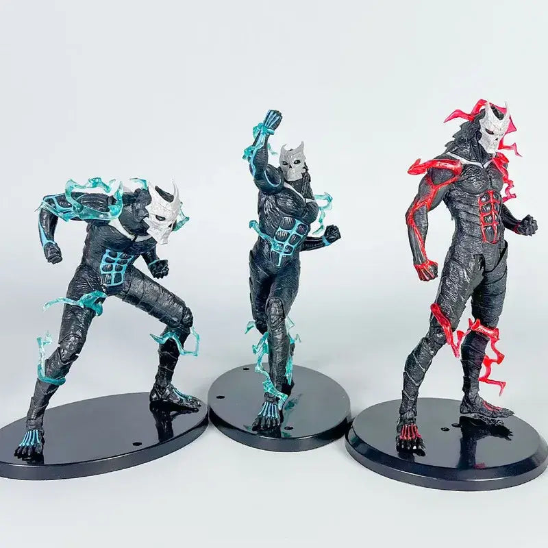 Kaiju no 8 monster action figure set of three black armored figures with glowing cyan blue and red energy effects on durable pvc bases