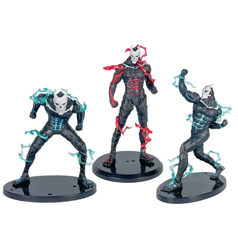 Three black and white kaiju no 8 monster action figures with glowing energy effects on durable pvc circular bases