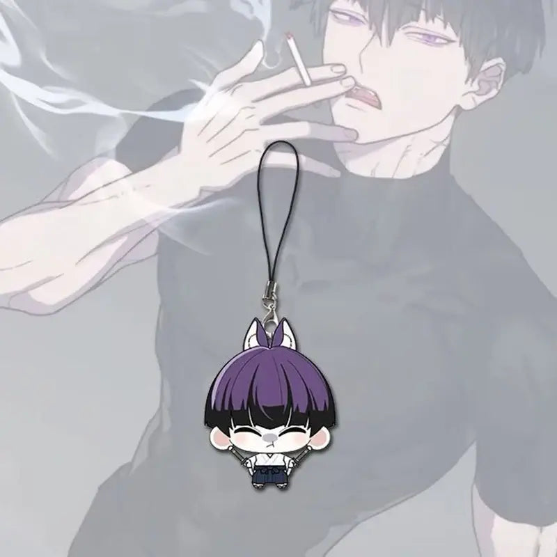 Purple-haired soshiro hoshina keychain charm with cat ears and black cord kawaii phone chain accessory