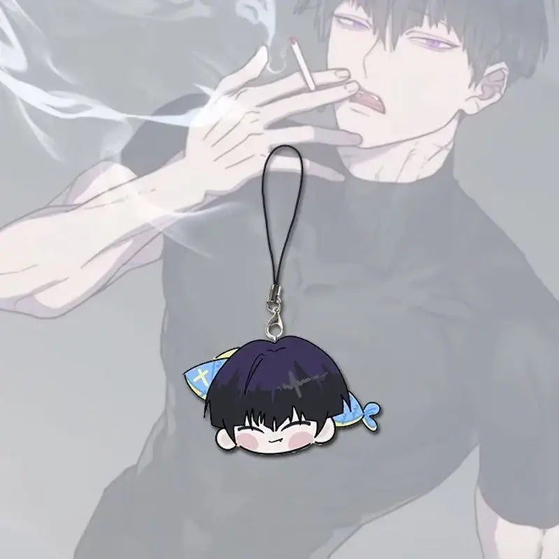 Chibi-style soshiro hoshina keychain with black hair blue cat ears and silver clasp kawaii phone chain accessory