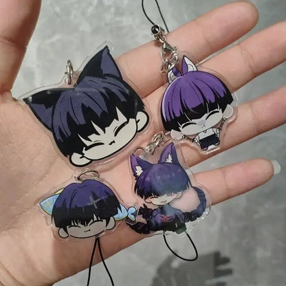 Clear acrylic soshiro hoshina keychain with kawaii black and purple cat ear anime figures for phone chain use