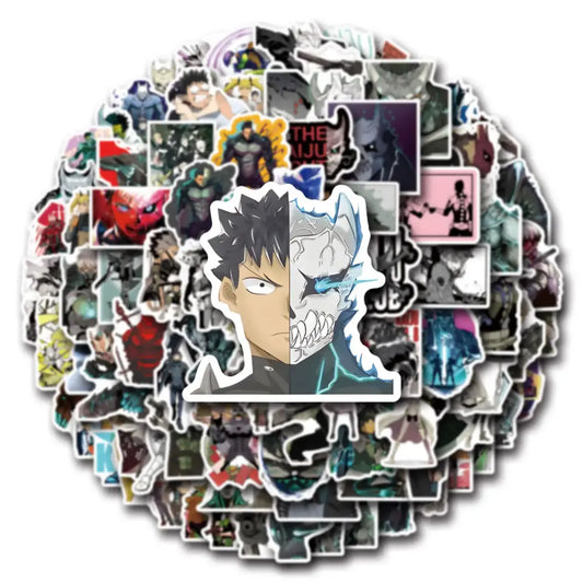 A circular arrangement of colorful anime-themed stickers featuring a split-face design in kaiju no 8 sticker pack diy scrapbook decals