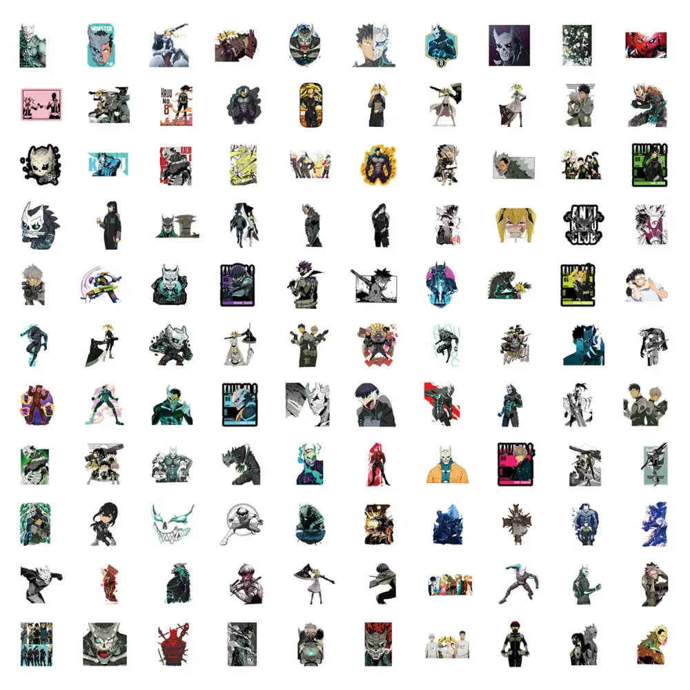 Collection of colorful anime character sticker pack featuring kaiju no 8 designs for diy scrapbook decals use