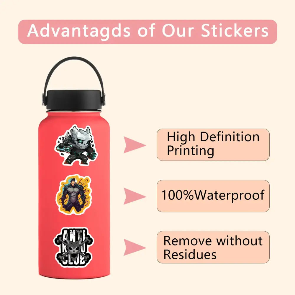 Red water bottle with black lid featuring kaiju no 8 sticker pack diy scrapbook decals for creative customization