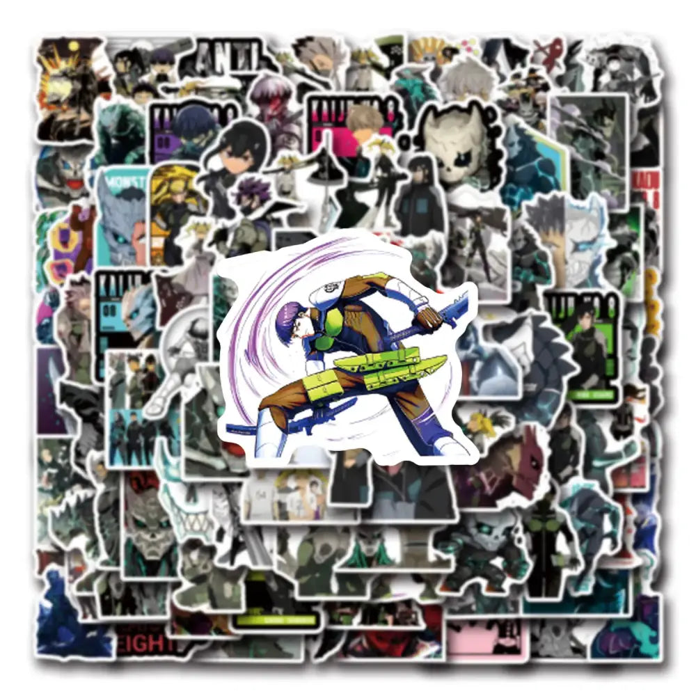 A vibrant kaiju no 8 sticker pack featuring a purple-haired anime character with glowing yellow blades for diy scrapbook decals