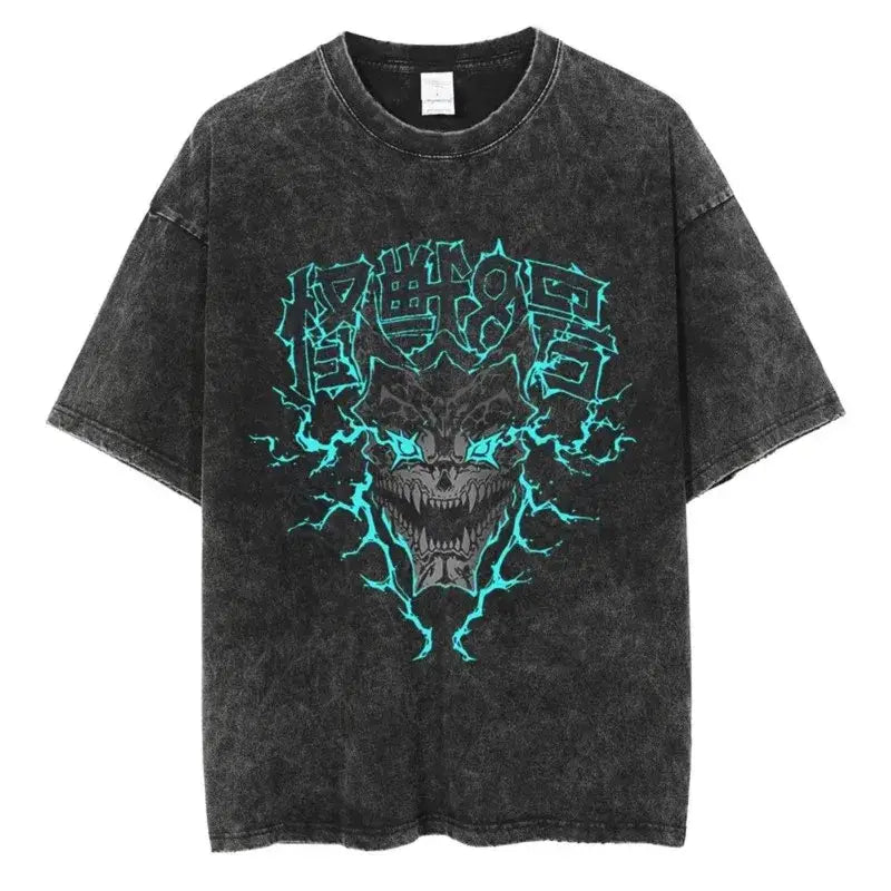 Black distressed cotton kaiju no 8 t-shirt featuring a glowing teal lightning bolt skull design for men