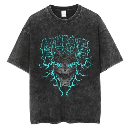 Black distressed cotton kaiju no 8 t-shirt featuring a glowing teal lightning bolt skull design for men
